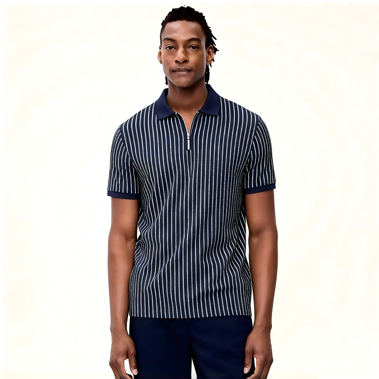 Men's Striped Short Sleeve Zip Polo Shirt, Breathable Casual Golf Top